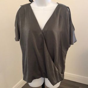 Bar III olive green wrap front cold shoulder top
